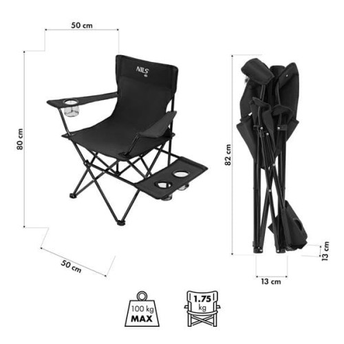 Sklopiva kamperska stolica s držačem za piće, crna 